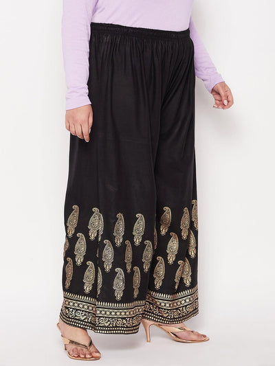 Black Printed Rayon Palazzo with elasticated waistband and drawstring.
