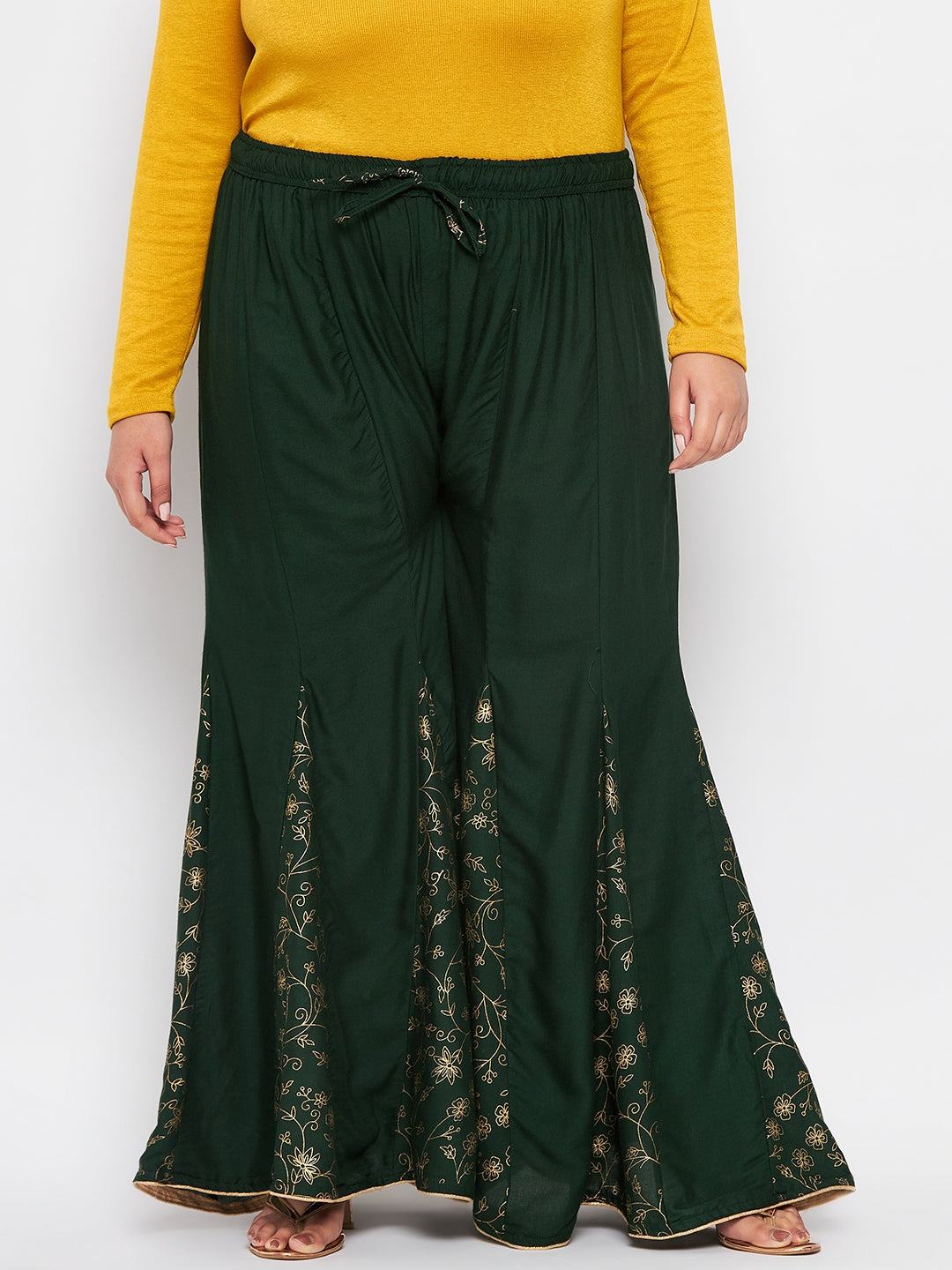 Bottle Green Printed Rayon Flared Sharara with elastic waistband and drawstring.