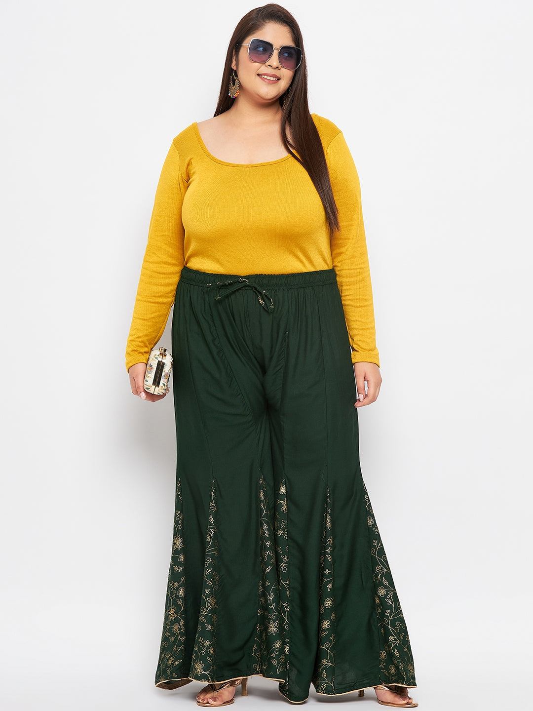 Bottle Green Printed Rayon Flared Sharara with elasticated waistband and drawstring.