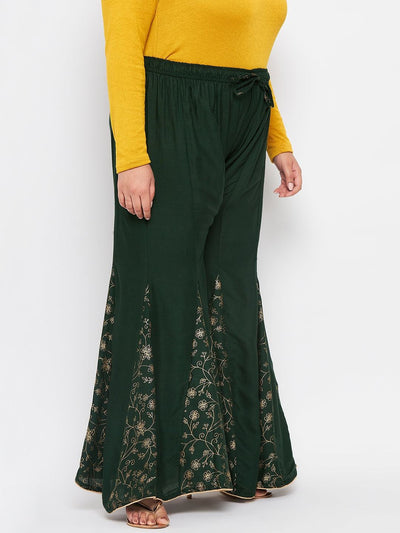 Bottle Green Printed Rayon Flared Sharara with elasticated waistband and drawstring.