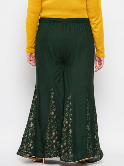 Bottle Green Printed Rayon Flared Sharara with Elasticated Waistband and Hem Design