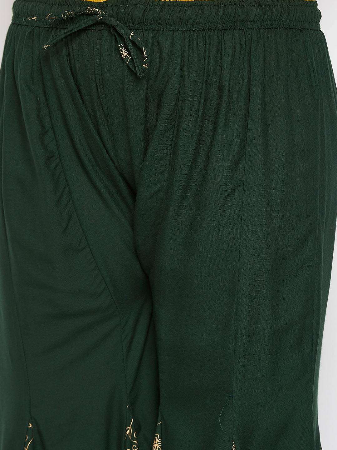 Bottle Green Printed Rayon Flared Sharara with drawstring waist.