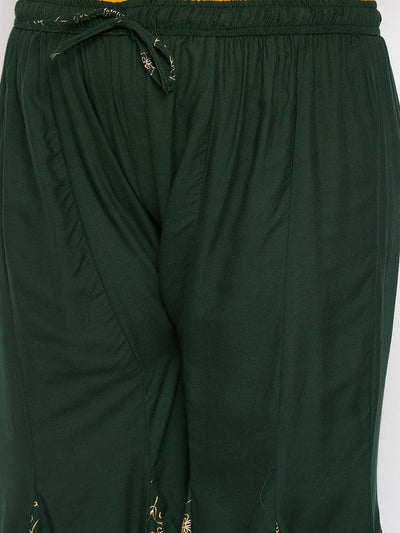 Bottle Green Printed Rayon Flared Sharara with drawstring waist.