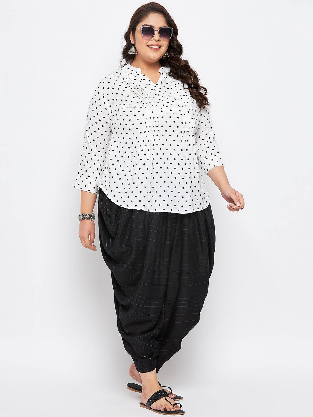 Black striped rayon dhoti salwar with silver stripes, elastic waistband, and drawstring.