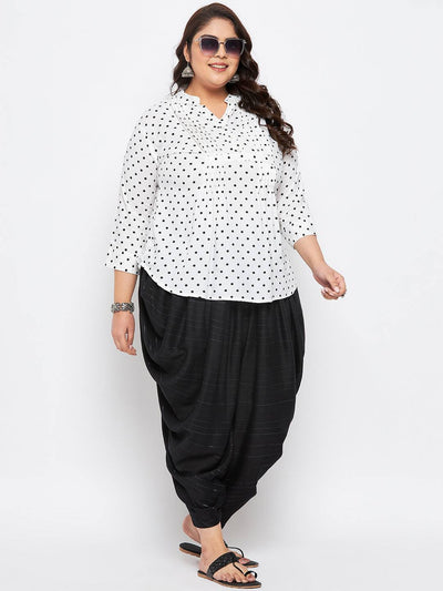 Black striped rayon dhoti salwar with silver stripes, elastic waistband, and drawstring.
