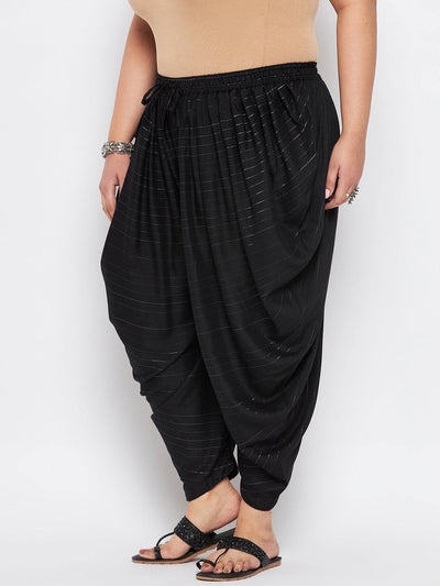 Black striped rayon dhoti salwar with silver stripes, elastic waistband, and drawstring.