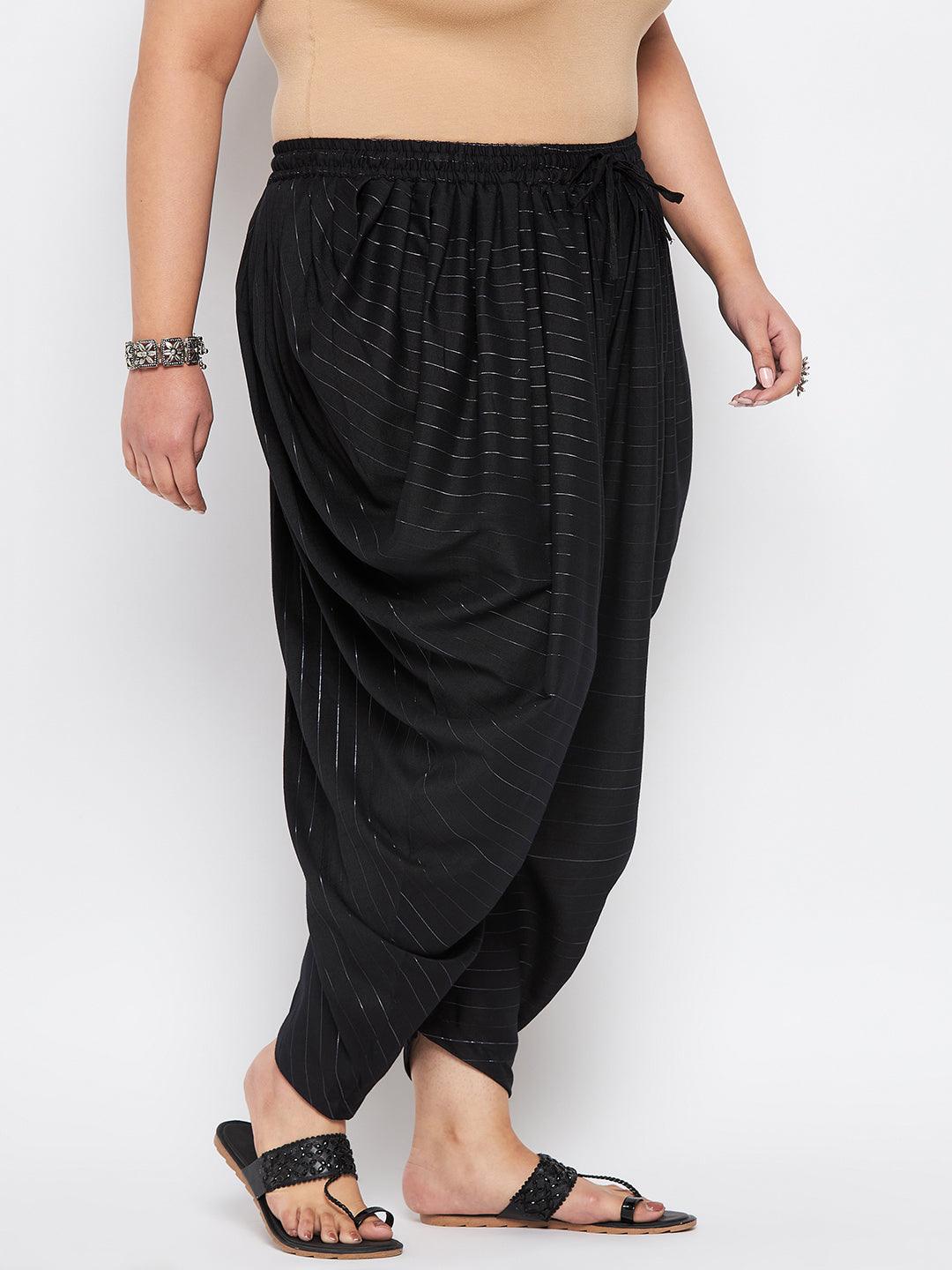 Black Striped Rayon Dhoti Salwar with silver stripes and elasticated waistband.