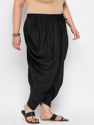 Black Striped Rayon Dhoti Salwar with silver stripes and elasticated waistband.
