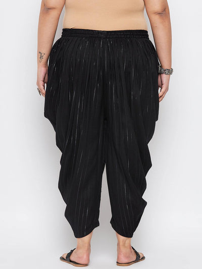 Black striped rayon dhoti salwar with silver stripes, elasticated waistband, and drawstring.