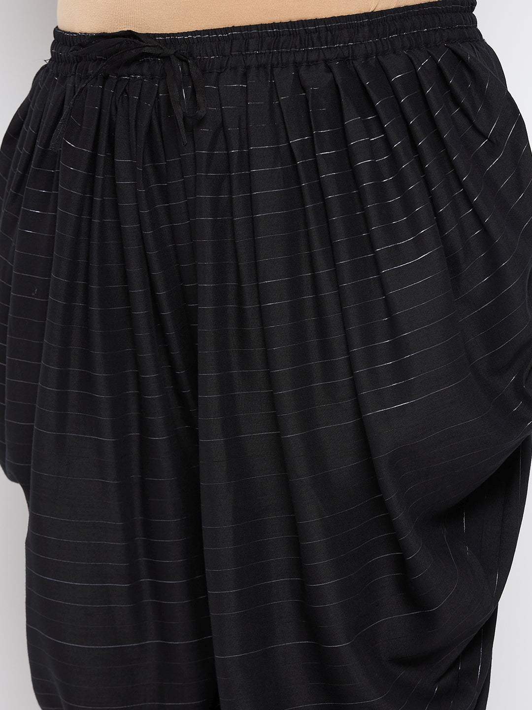 Black striped rayon dhoti salwar with silver accents and elasticated waistband.