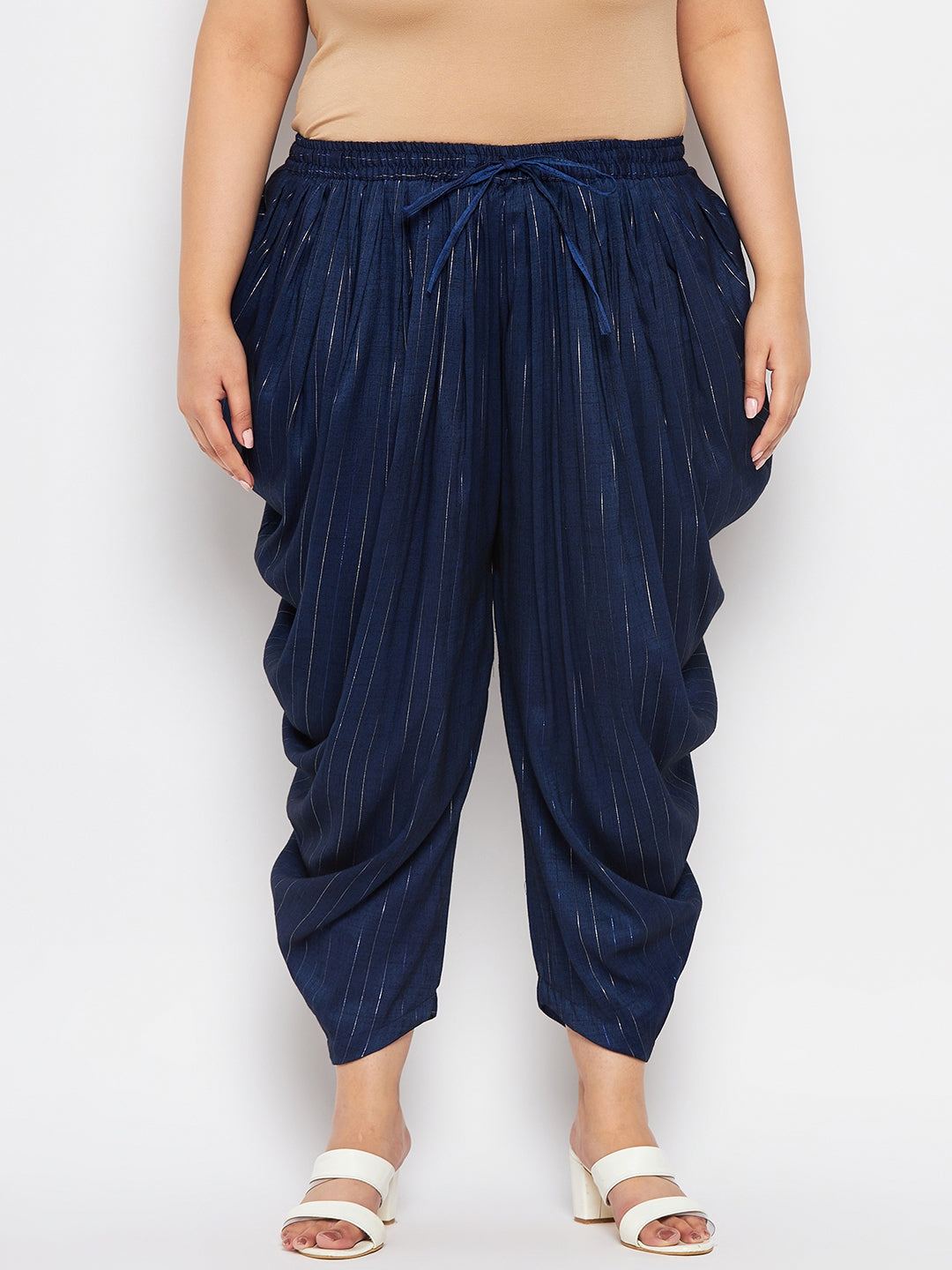 Navy Blue Striped Rayon Dhoti Salwar with silver stripes and elasticated waistband.