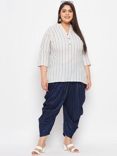 Navy Blue Striped Rayon Dhoti Salwar with silver stripes, elasticated waistband, and drawstring.