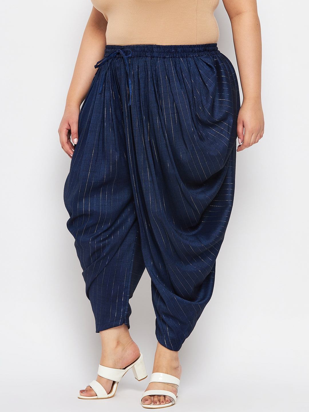 Navy Blue Striped Rayon Dhoti Salwar with silver stripes and elasticated waistband.