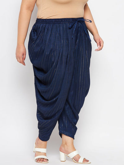 Navy blue striped rayon dhoti salwar with silver stripes, elasticated waistband, and drawstring.