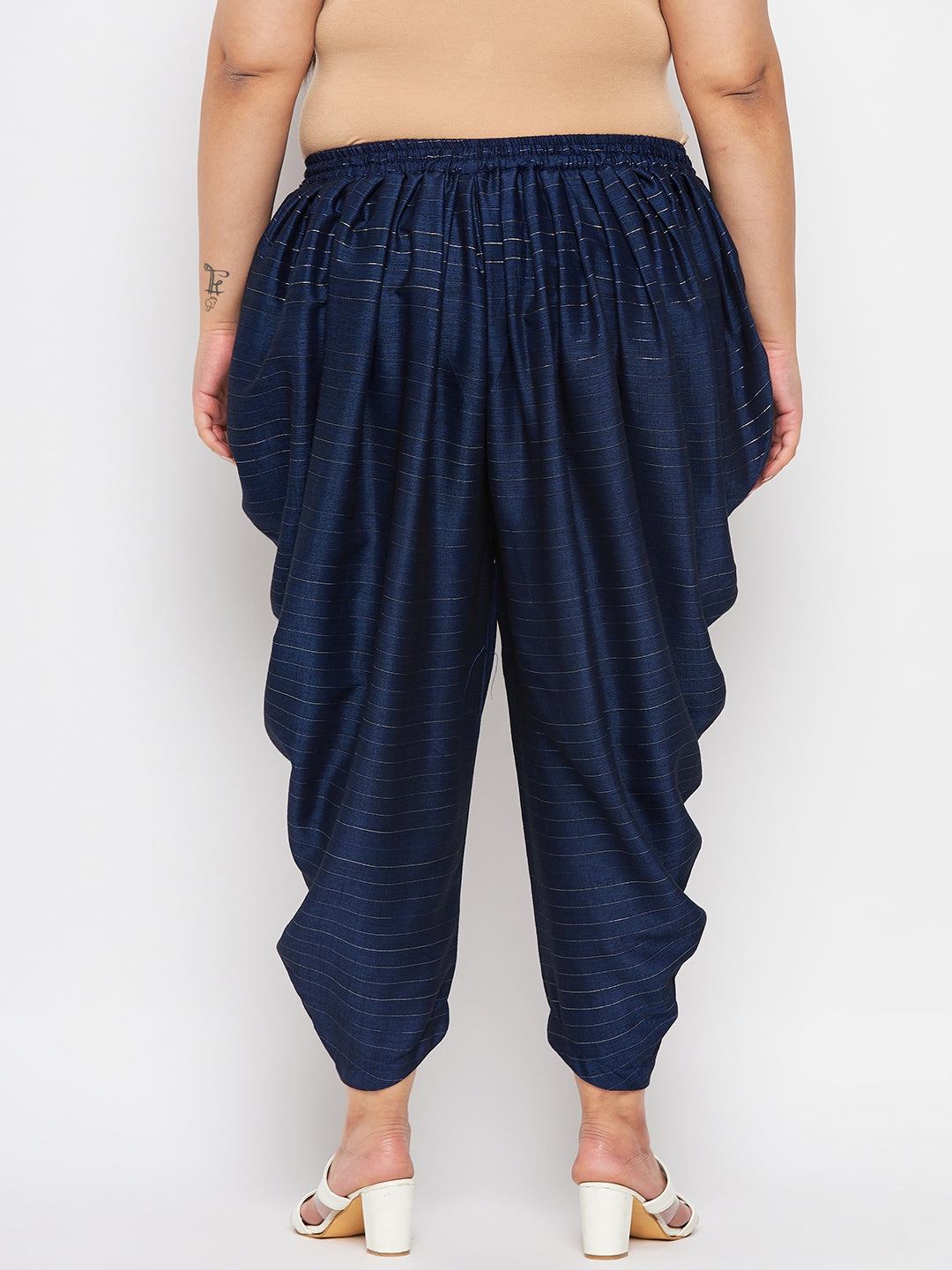 Navy Blue Striped Rayon Dhoti Salwar with Elasticated Waistband and Drawstring
