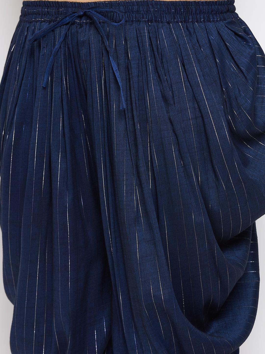 Navy blue striped rayon dhoti salwar with silver lines and elasticated waistband.