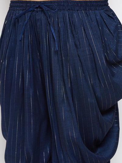 Navy blue striped rayon dhoti salwar with silver lines and elasticated waistband.