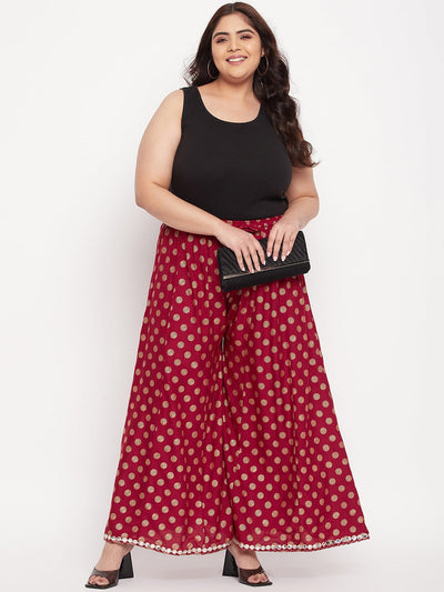 Maroon Polka Dot Rayon Sharara with elasticated waistband and drawstring.