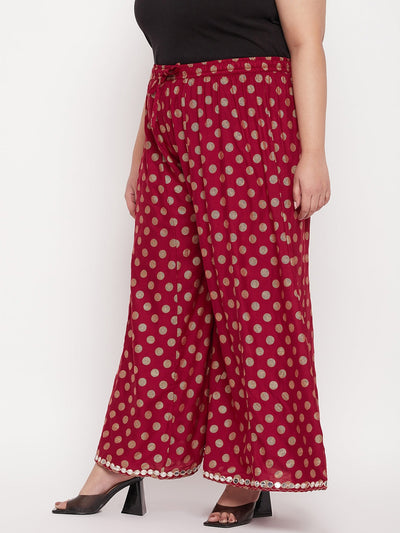 Maroon polka dot rayon sharara with elastic waistband and drawstring.
