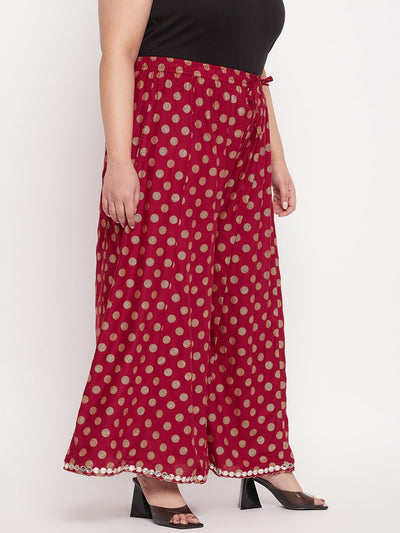 Maroon polka dot rayon sharara with elasticated waistband and drawstring.