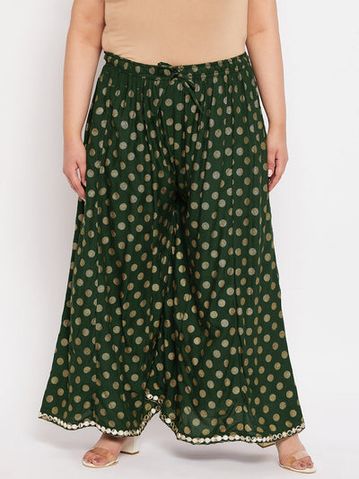 Bottle Green Polka Dot Rayon Sharara with elastic waistband and drawstring.