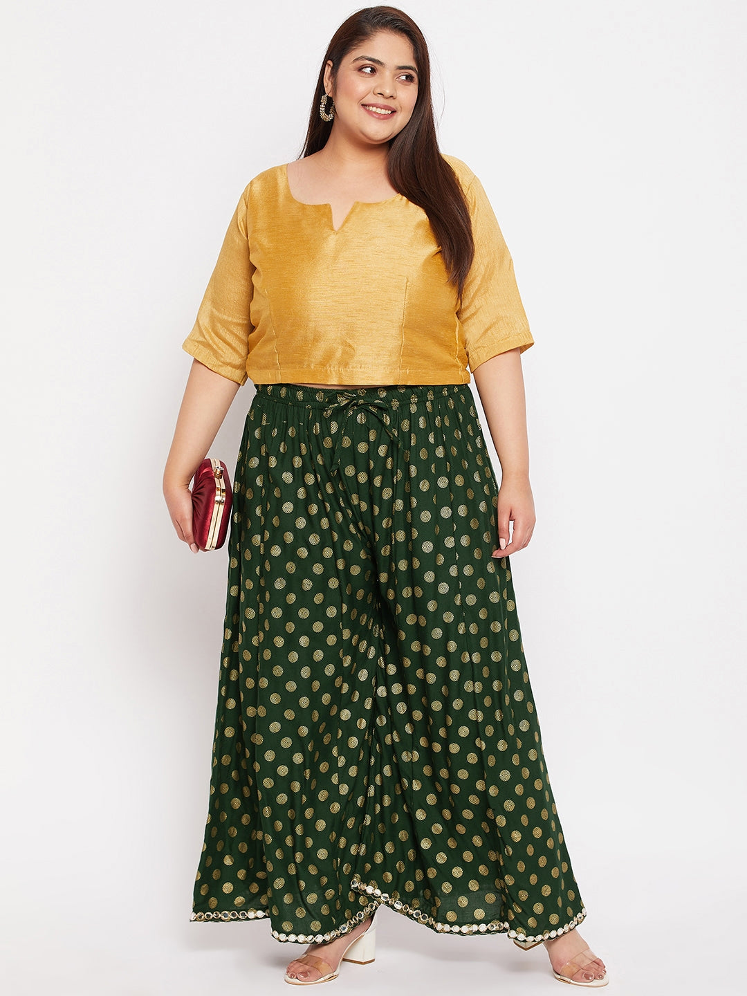 Bottle Green Polka Dot Rayon Sharara with elastic waistband and drawstring.