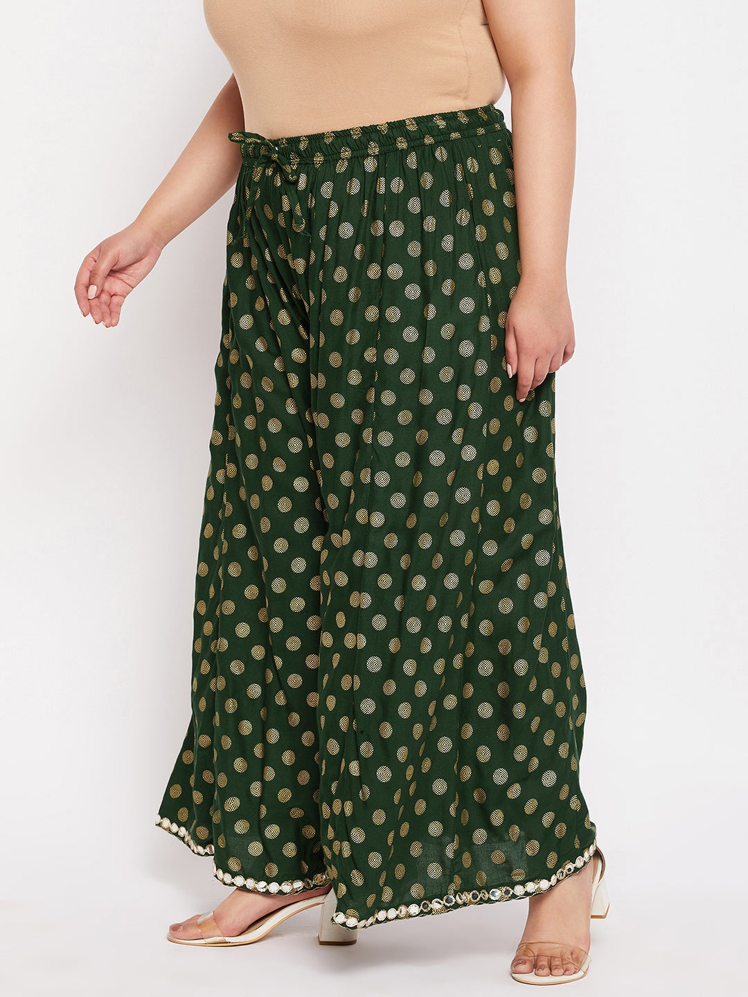 Bottle Green Polka Dot Rayon Sharara with elastic waistband and drawstring.