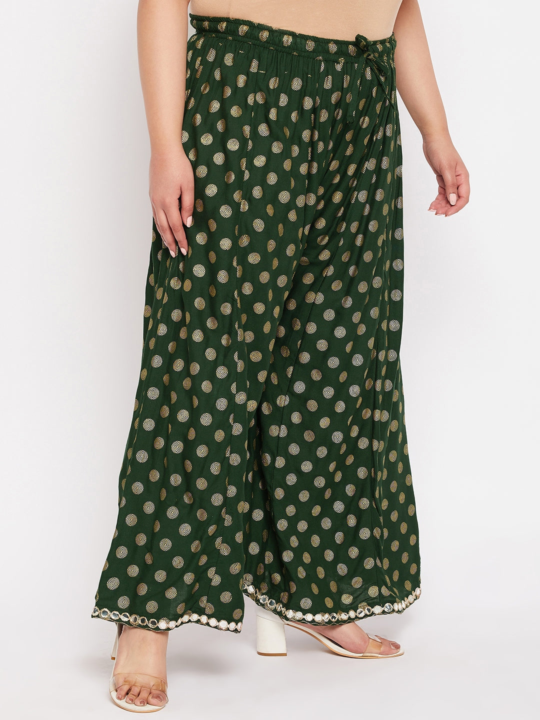 Bottle Green Polka Dot Rayon Sharara with elasticated waistband and drawstring.