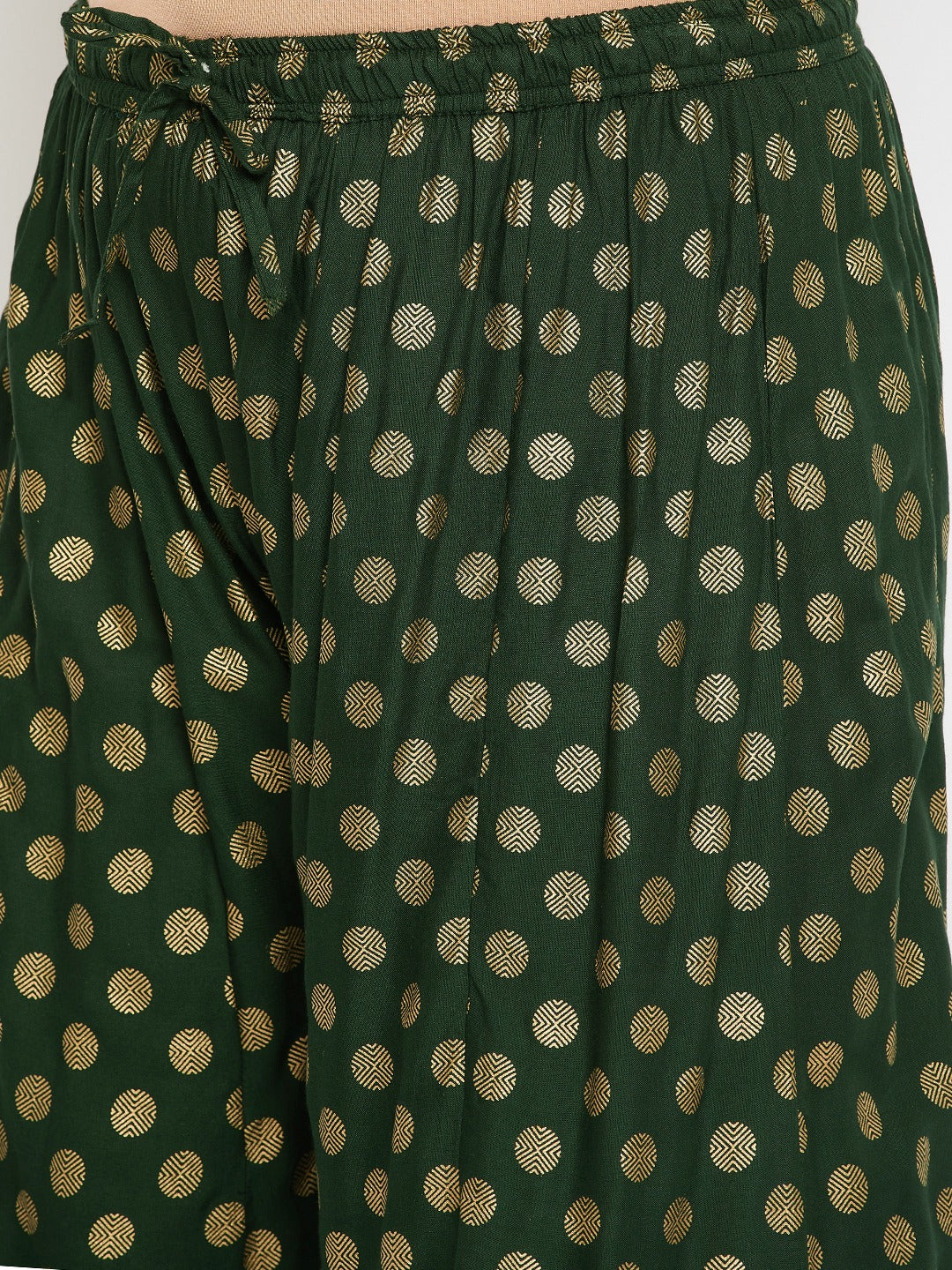 Bottle Green Polka Dot Rayon Sharara with elastic waistband and drawstring.