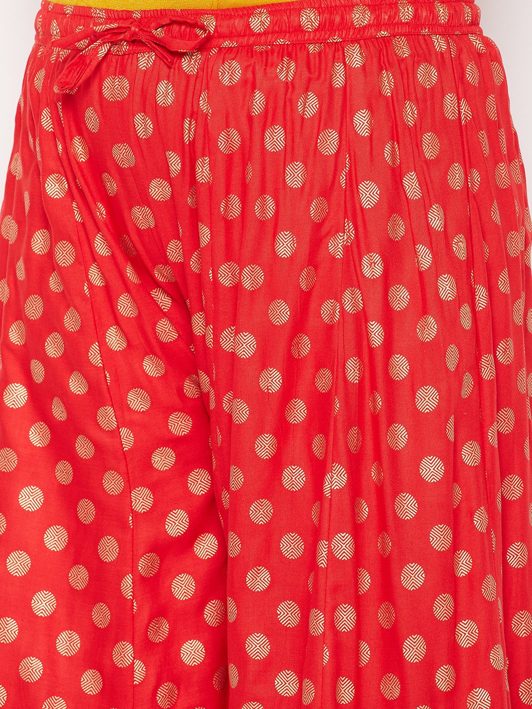 Red Polka Dot Rayon Sharara with elastic waistband and drawstring.