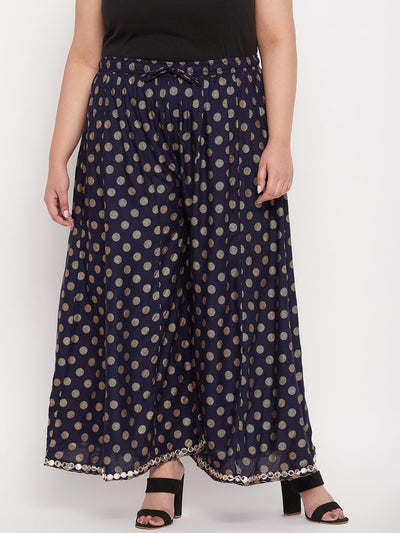 Navy Blue Polka Dot Rayon Sharara with elastic waistband and drawstring.