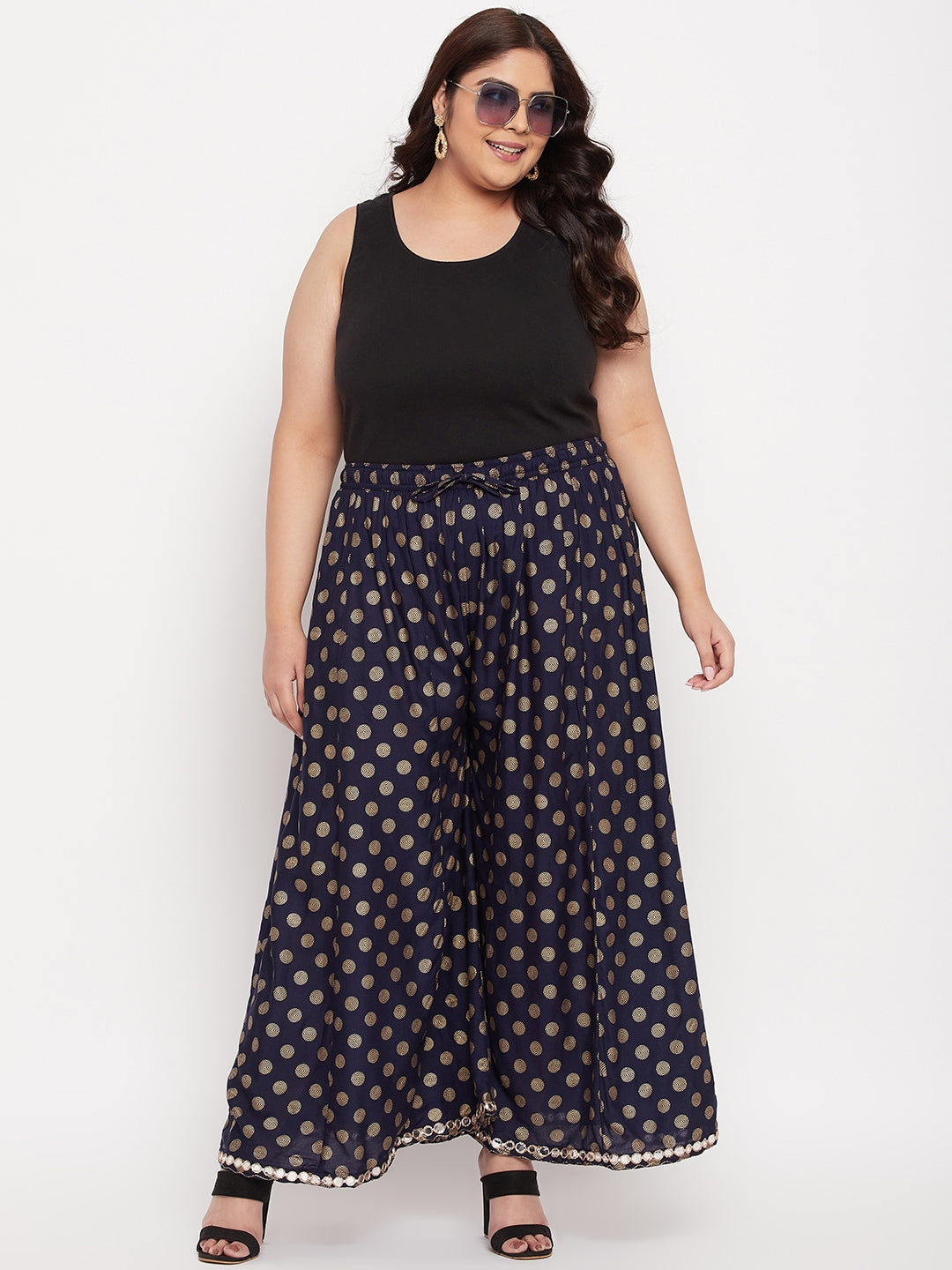 Navy Blue Polka Dot Rayon Sharara with elastic waistband and drawstring.
