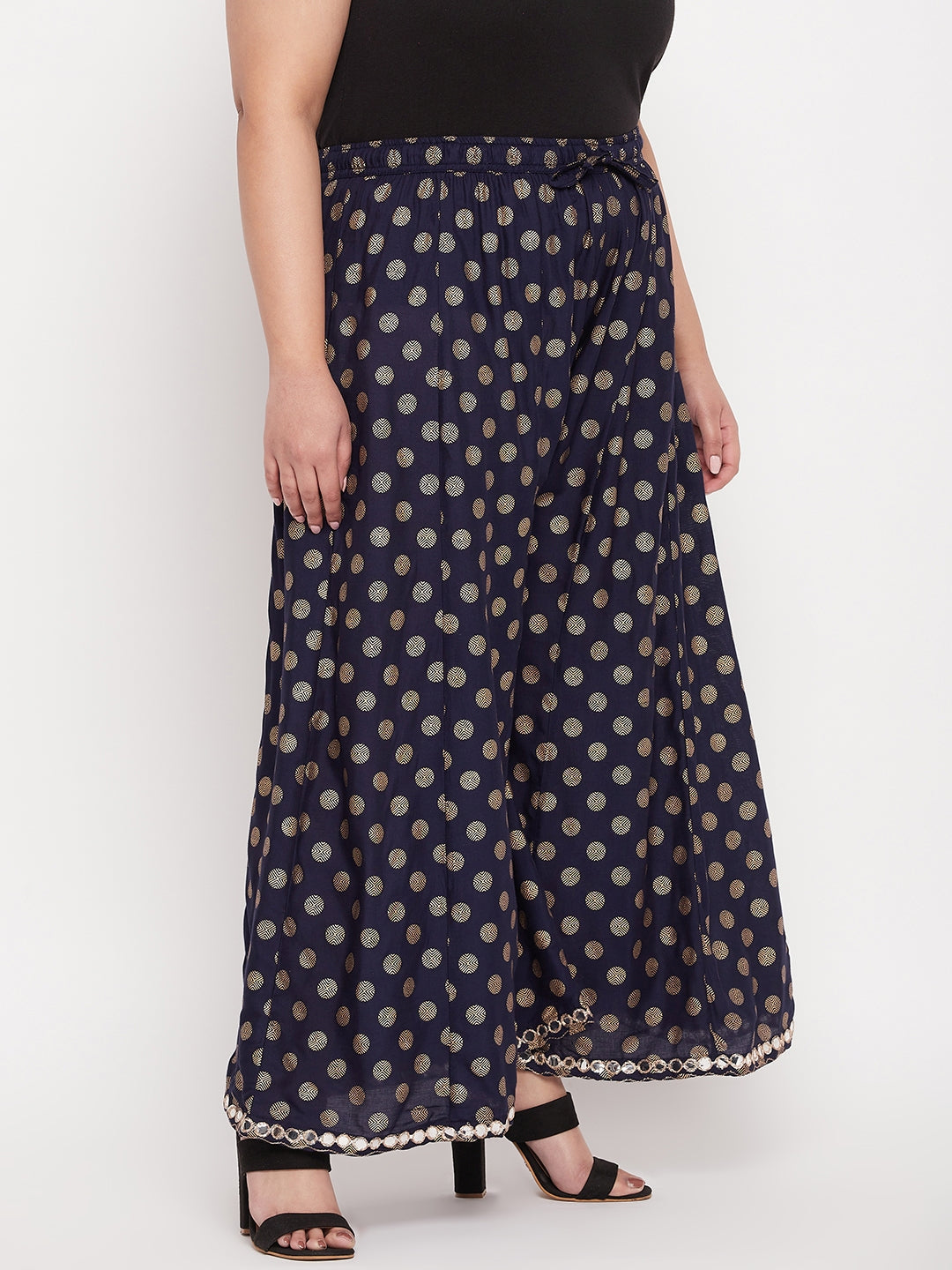 Navy Blue Polka Dot Rayon Sharara with Drawstring Waistband