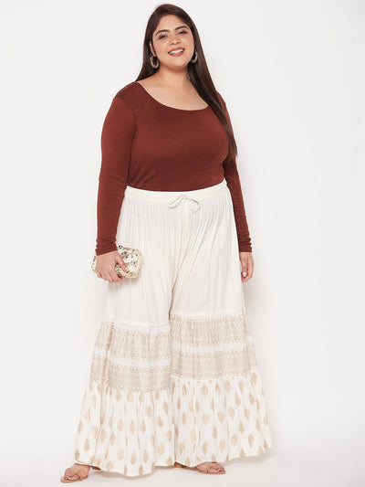 Cream Printed Rayon Flared Gharara