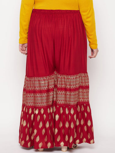 Maroon printed rayon flared gharara with elastic waistband and drawstring.