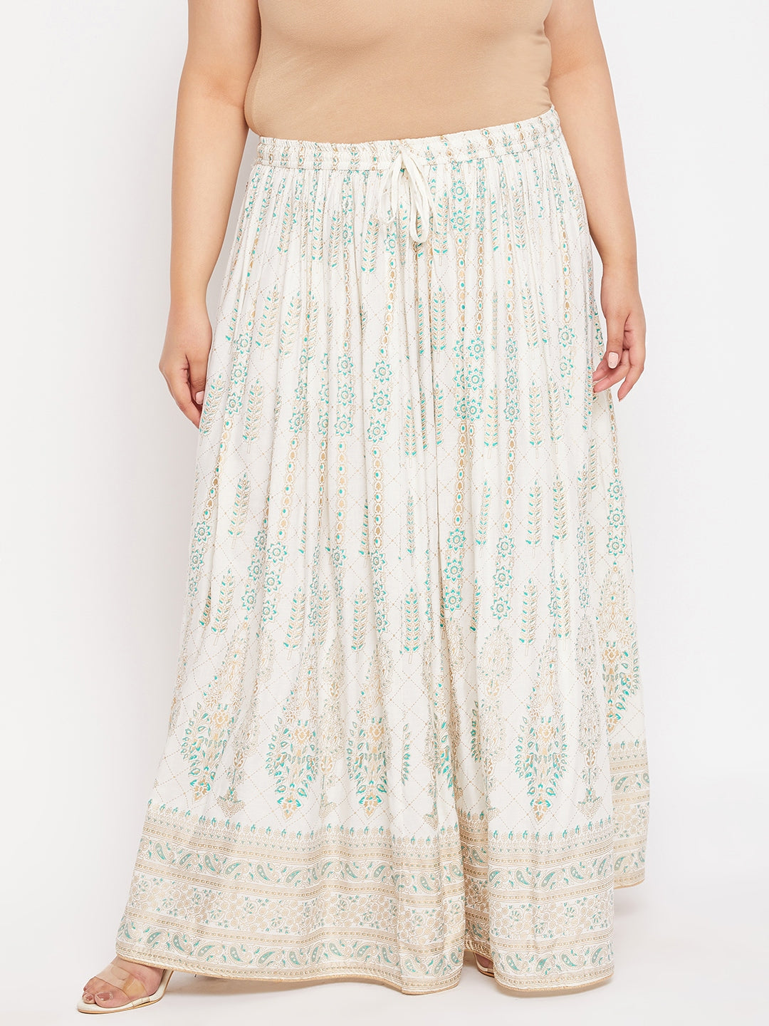 Cream printed flared maxi skirt with elasticated waistband and drawstring.