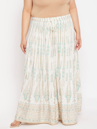 Cream Printed Flared Maxi Skirt