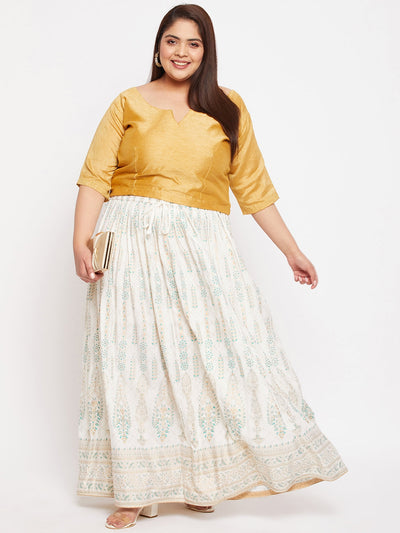 Cream printed flared maxi skirt with elasticated waistband and drawstring.