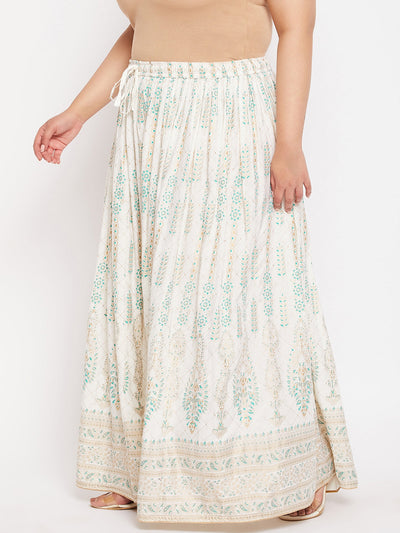 Cream printed flared maxi skirt with elasticated waistband and drawstring.
