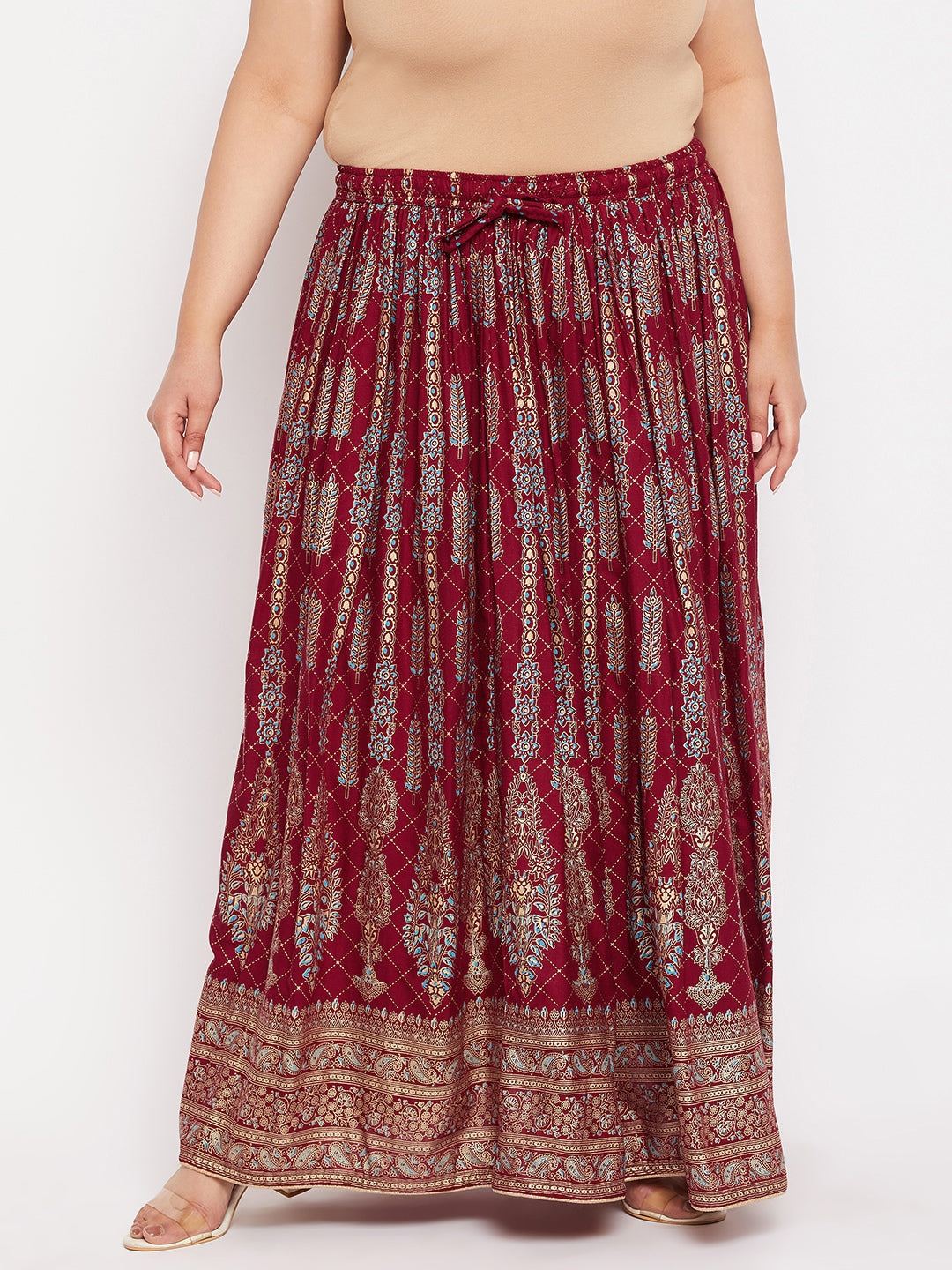 Maroon Printed Flared Maxi Skirt