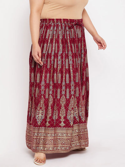 Maroon Printed Flared Maxi Skirt