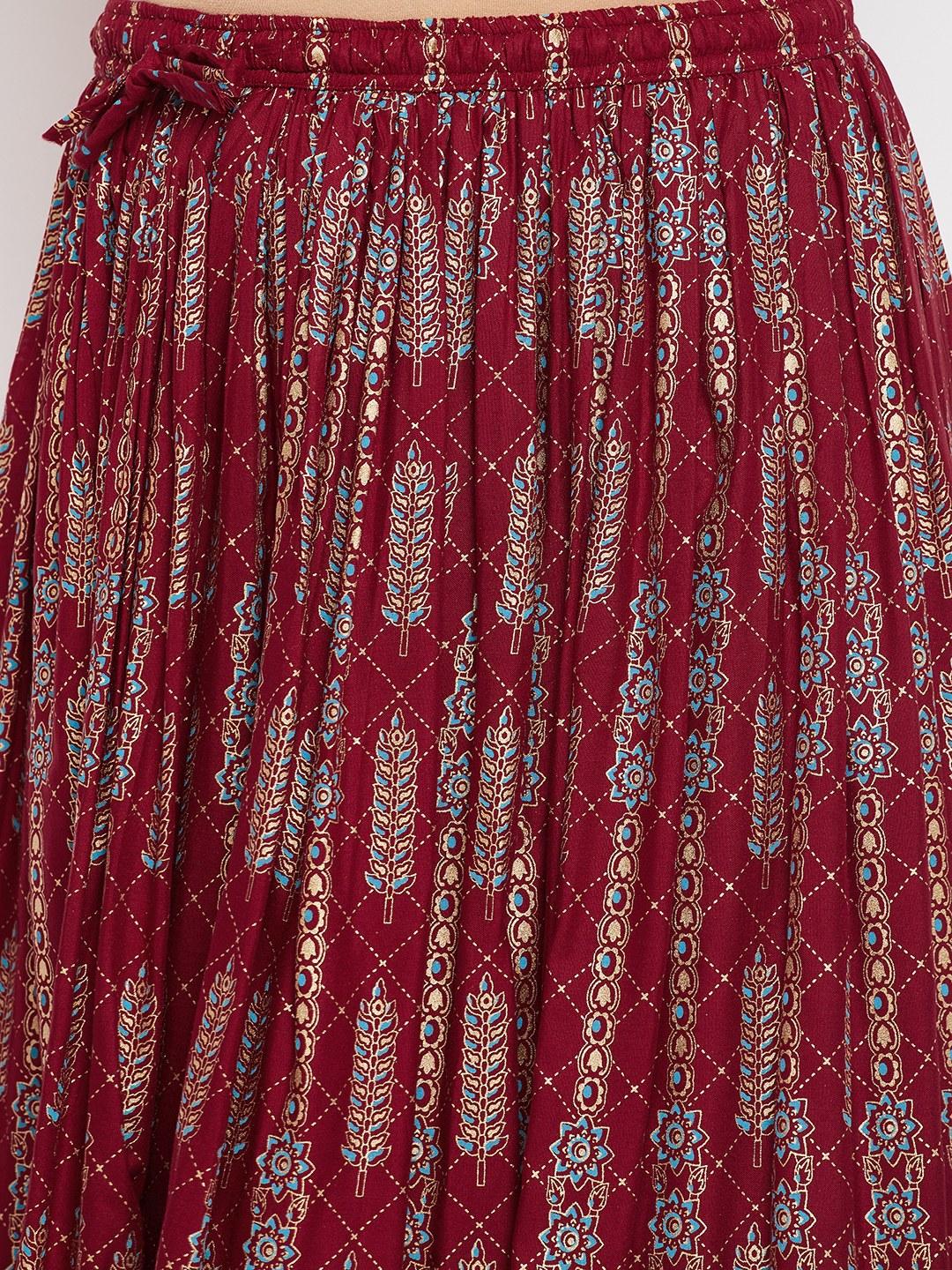 Maroon Printed Flared Maxi Skirt