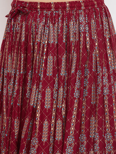 Maroon Printed Flared Maxi Skirt