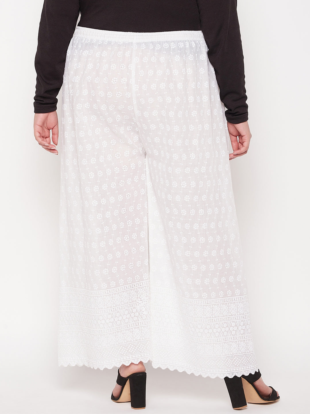White Full Chikan Cotton Palazzo