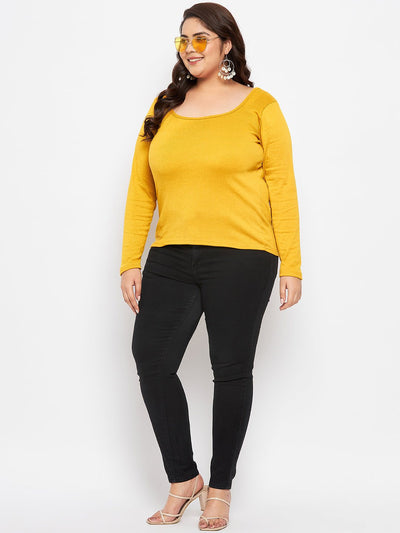 Mustard solid full sleeves top with polyester, cotton, and elastane blend.