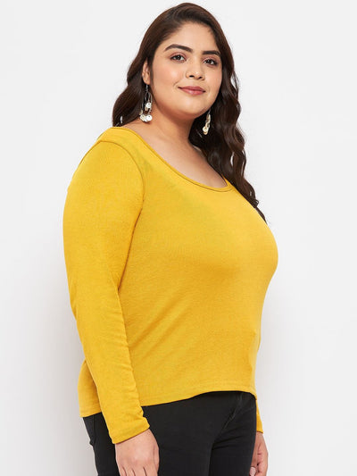 Mustard solid full sleeves top made of polyester, cotton, and elastane.