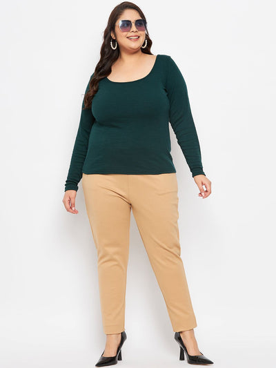 Bottle Green Solid Full Sleeves Top