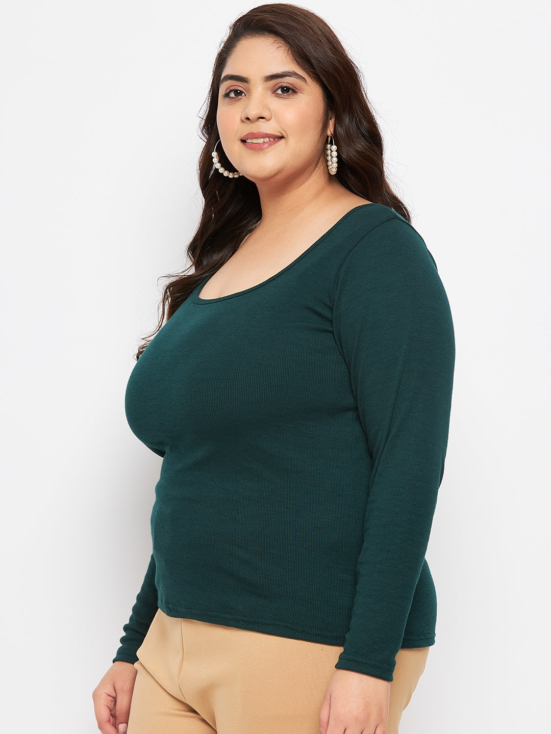 Bottle Green Solid Full Sleeves Top