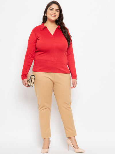 Red Collar Neck Solid Top