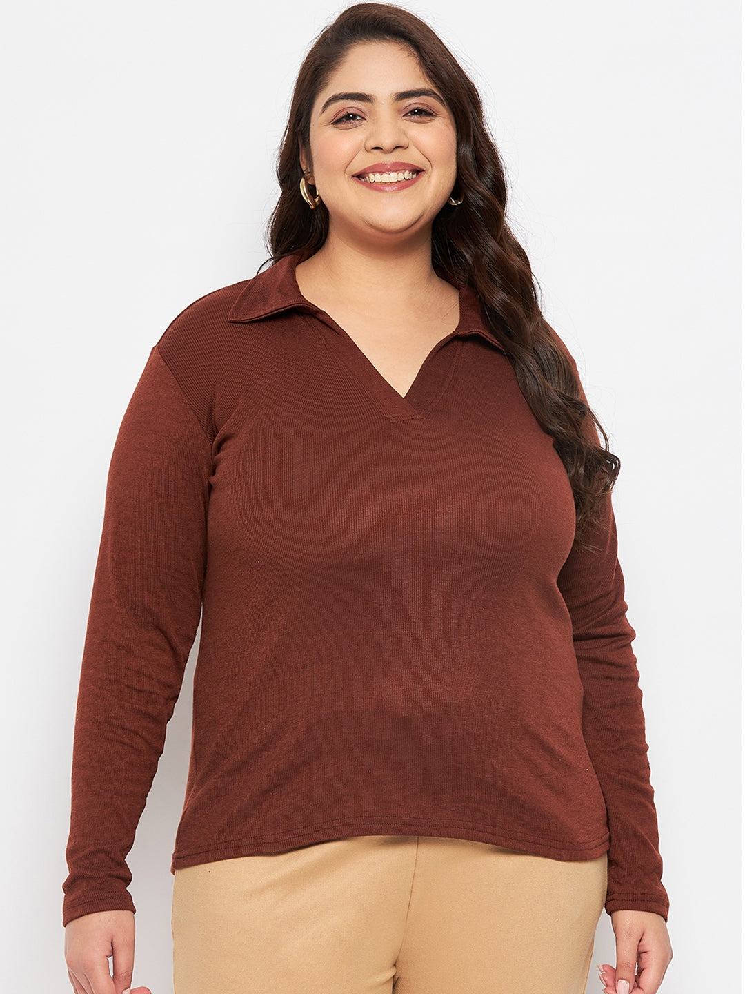 Coffee Collar Neck Solid Top in brown, long sleeves, polyester-cotton blend.
